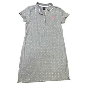 US Polo Assn Dress‎ Gray White Polka Dot Sporty Preppy Polo Shirt Dress Sz  L